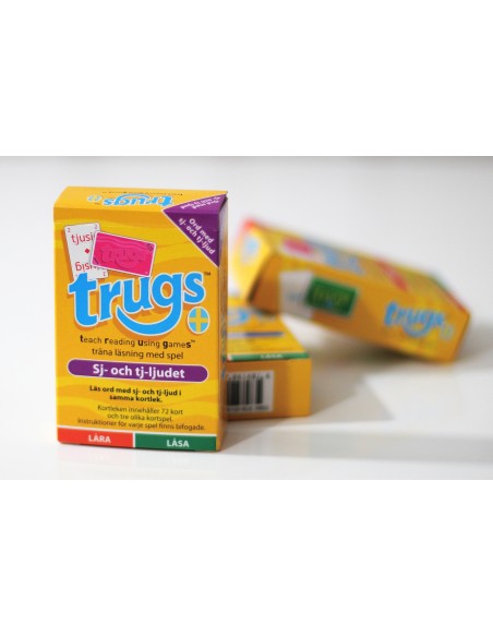 TRUGS kortlekar för sj- och tj-ljuden ger spelaren många möten med svårstavade ord som behöver läras in.
